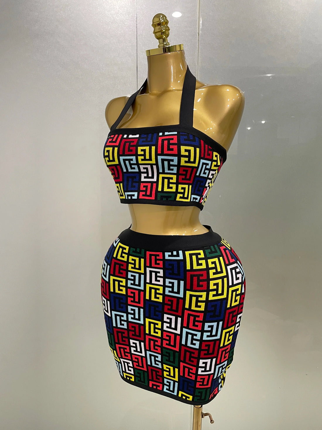 Women Sexy Backless Halter Jacquard Two Piece Mini Skirt Bandage Set Celebrity Designer Evening Party Women's Set MULTI