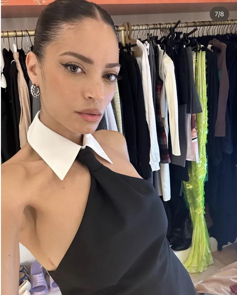 summer Fashion Design Turn Down Collar Sleeveless Black Mini Dress Woman Rayon Bandage Dress Evening Party Outfit