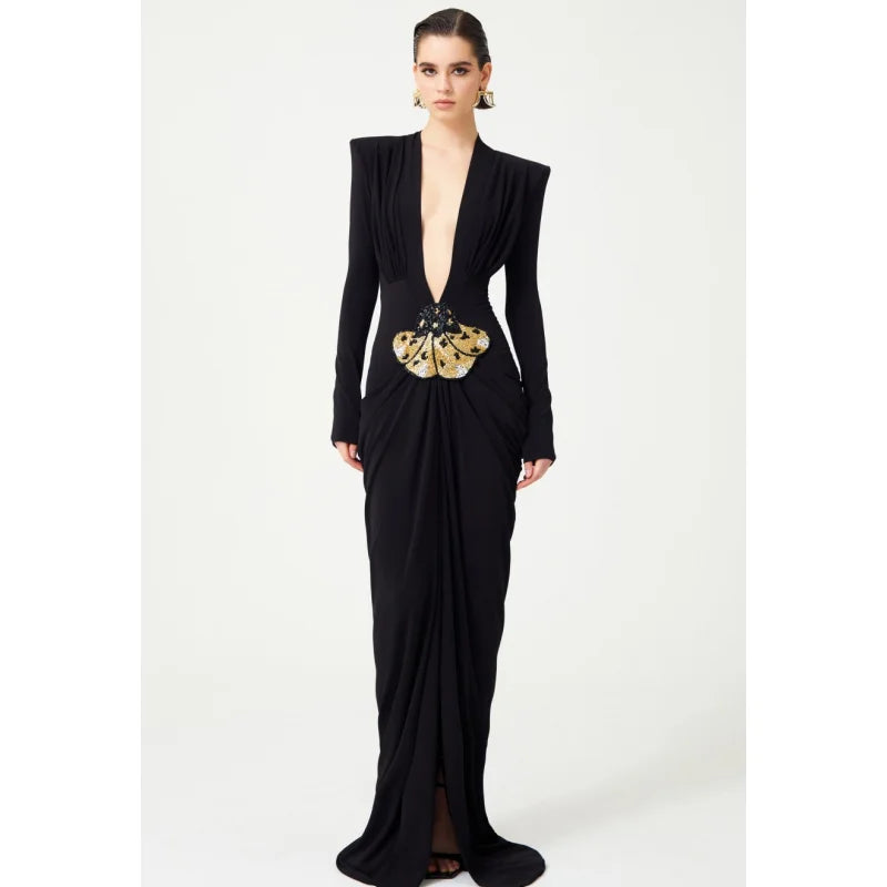 Beaded Decoration Sexy V-Neck Package Hip Black Floor Length Dress Celebrity Party Dress Woman Cocktail Outfit