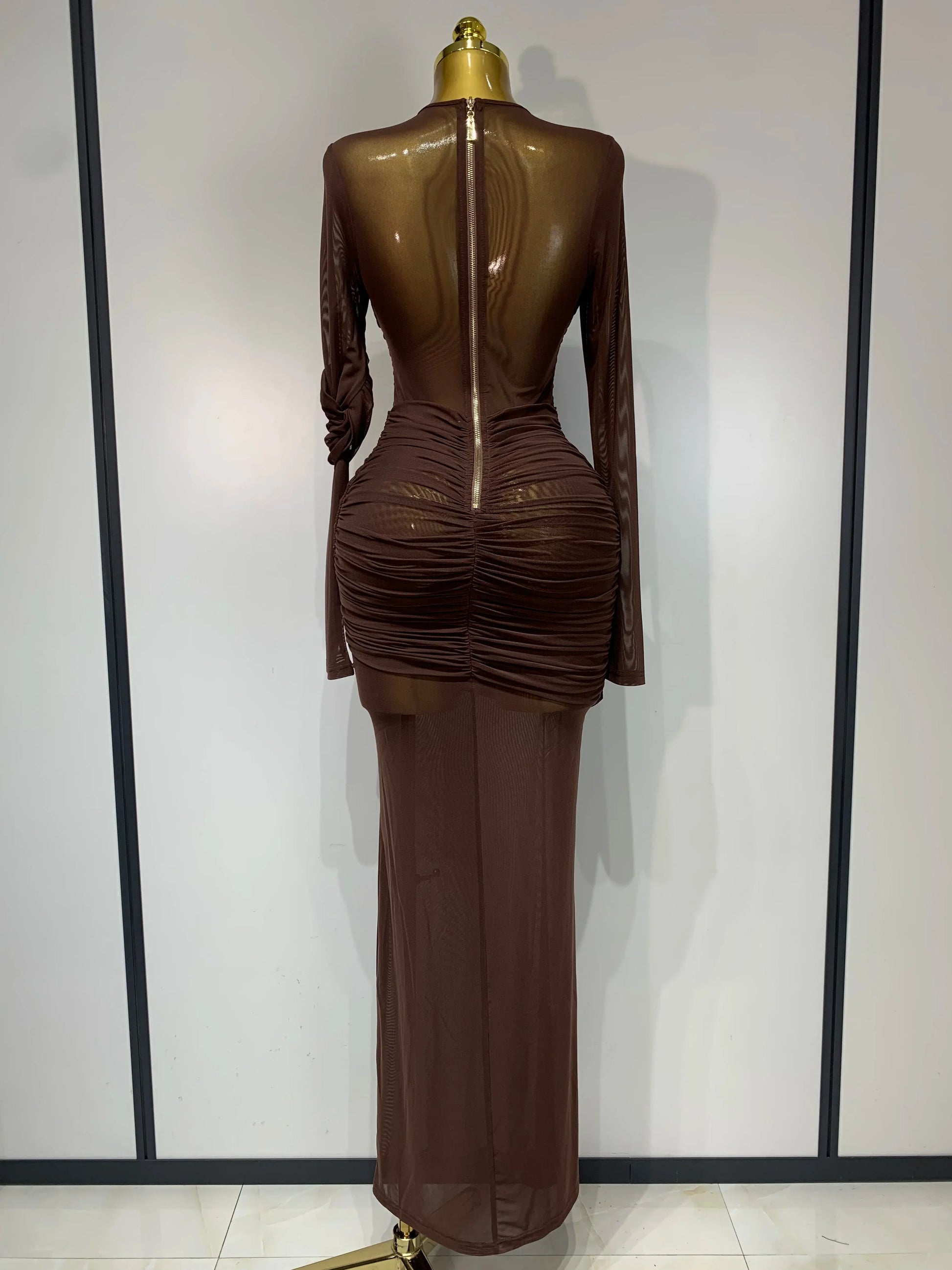 Elegant Brown Mesh Fold Long Sleeve Bodycon Dress Women Evening Party Club Sexy Perspective Fashion Luxury Birthday Dresses