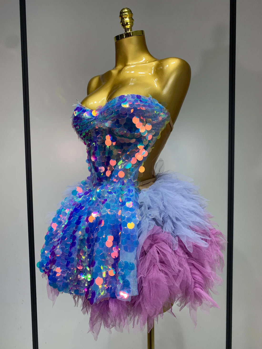 Sparkly Sequins Ruffles Two Pieces Set Sexy Backless Top Skirt Set Nightclub Performance Dance Dress Singer Stage Outfit SKY BLUE