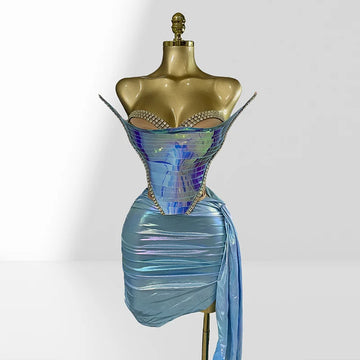 Fashionable Mirror Luxurious Rhinestone Lace -up Top And Mini Skirt Set 2 Pieces Woman Birthday Vestido Music Festival Outfit Silver