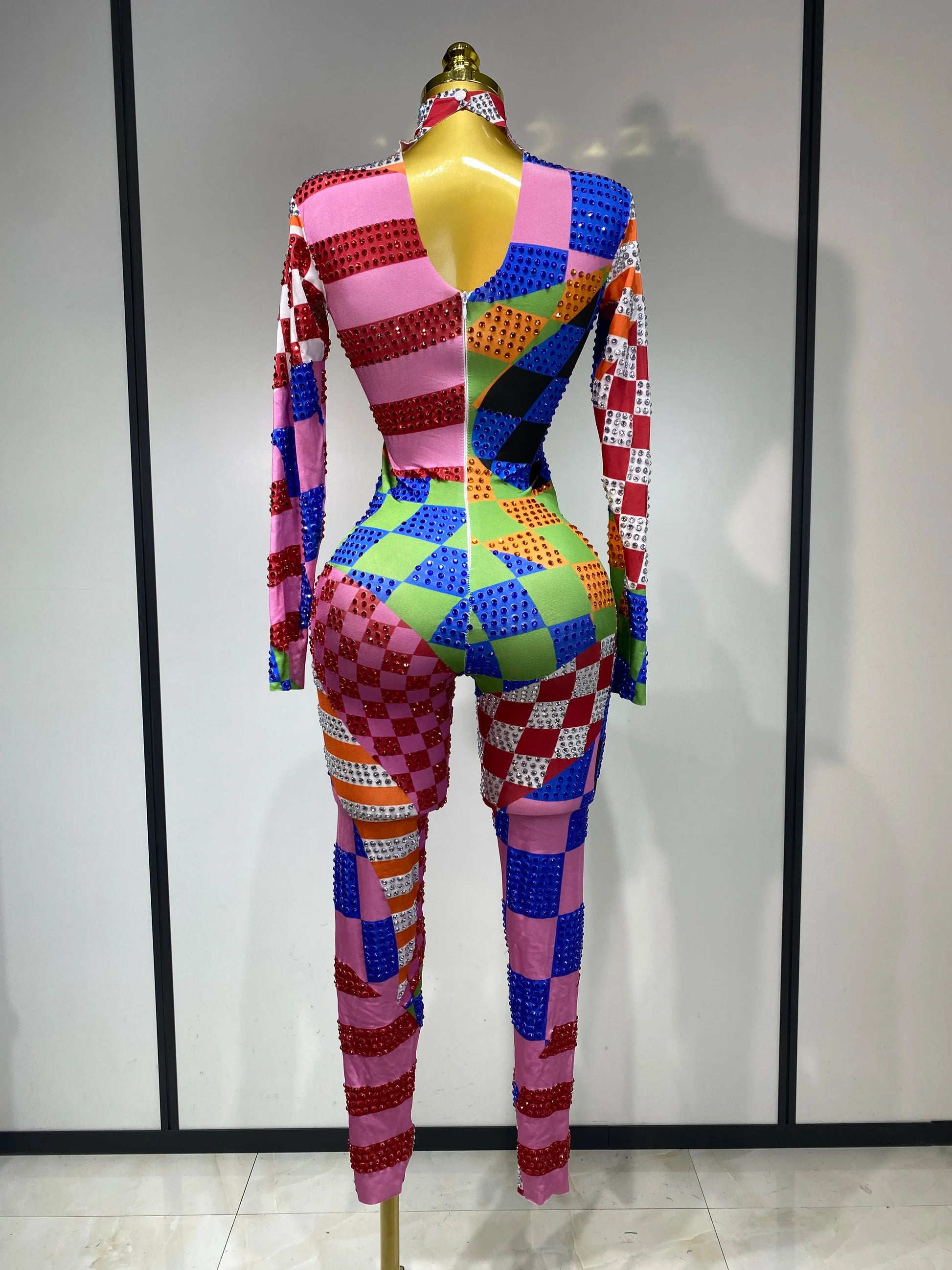 Colorful Printed Sparkly Rhinestones Jumpsuit Women Sexy Long Sleeve Performance Dance Costume Stage Evening Party Club Outfit