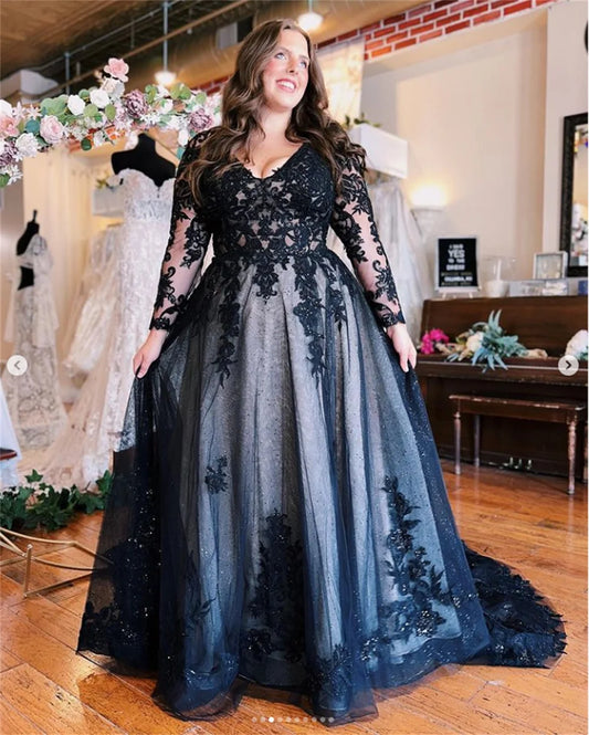 Luxury V-neck Plus Size Prom Dress Lace Tulle Fabric Long Sleeves Strao vestidos de fiesta Long Tail فساتين السهرة