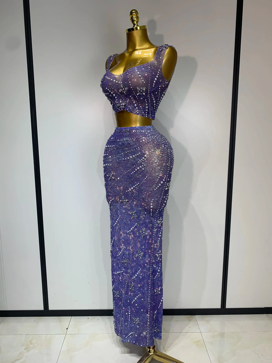 Sparkly Rhinestones Top Long Skirt Two Pieces Set Women Celebirty Luxury Birthday Dress Nightclub Stage Performance Costume ROYAL BLUE