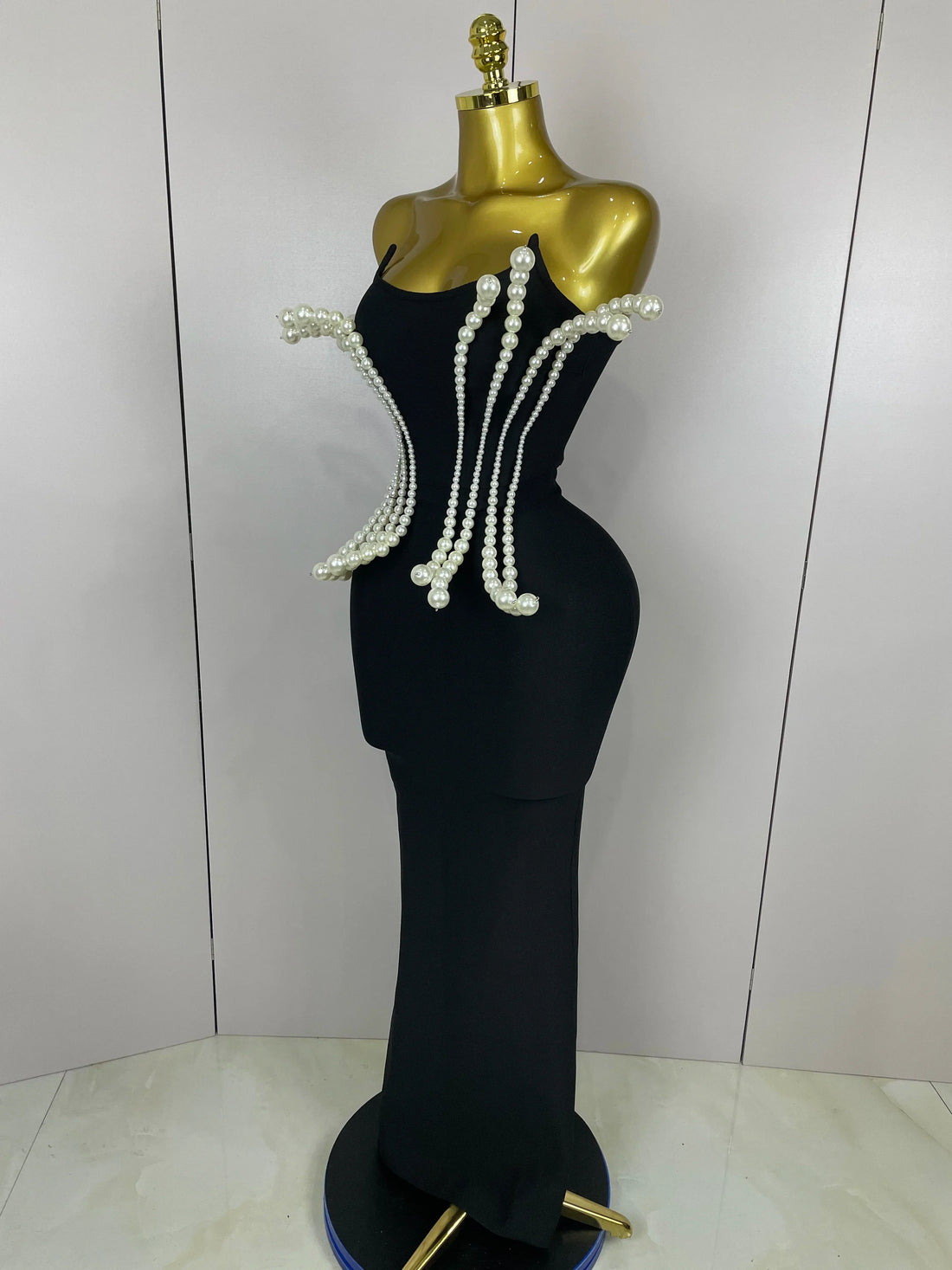 Sexy Strapless Pearl Beading Bodycon Long Bandage Dress Women Fashion Elegant Evening Party Luxury Birthday Dresses black