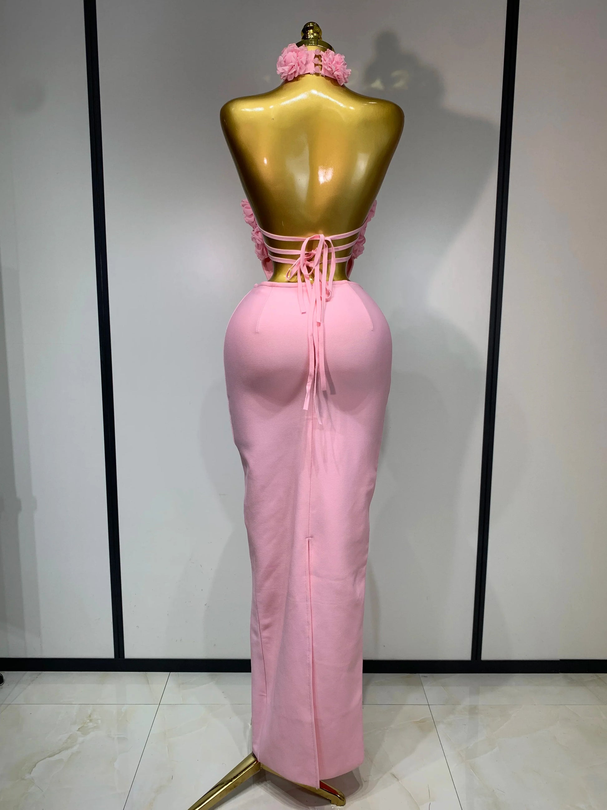 Luxury Birthday Dress Women Celebrity Sexy Halter Backless Flower Long Bandage Bodycon Dress Elegant Evening Party Outfit ﻿