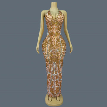 Women's Sexy Backless Strap Deep V Neck Dress Elegant Rhinestone Evening Dress Birthday Celebrate Party Queen Maxi Dress huangye as shown