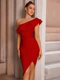 Bandage Elegant Women's Dresses for Party Bodycon Evening Night Club Cloth Cocktail One Shoulder Modest Knee Length Sleeveless