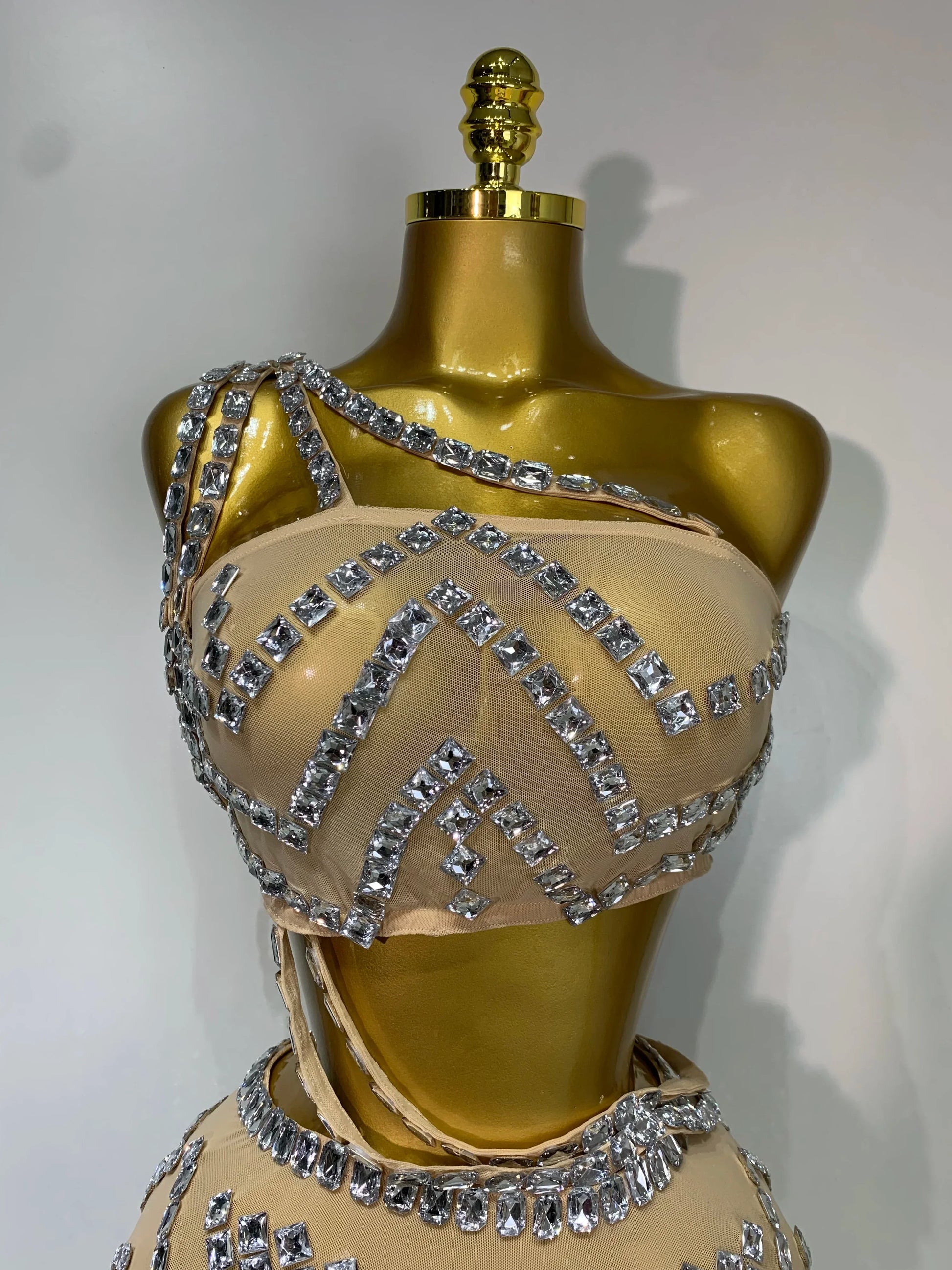 Luxury Diamonds Sexy Mesh Perspective Two Pieces Outfit Performance Dancer Singer Costume Nightclub Women's Set Birthday Wear