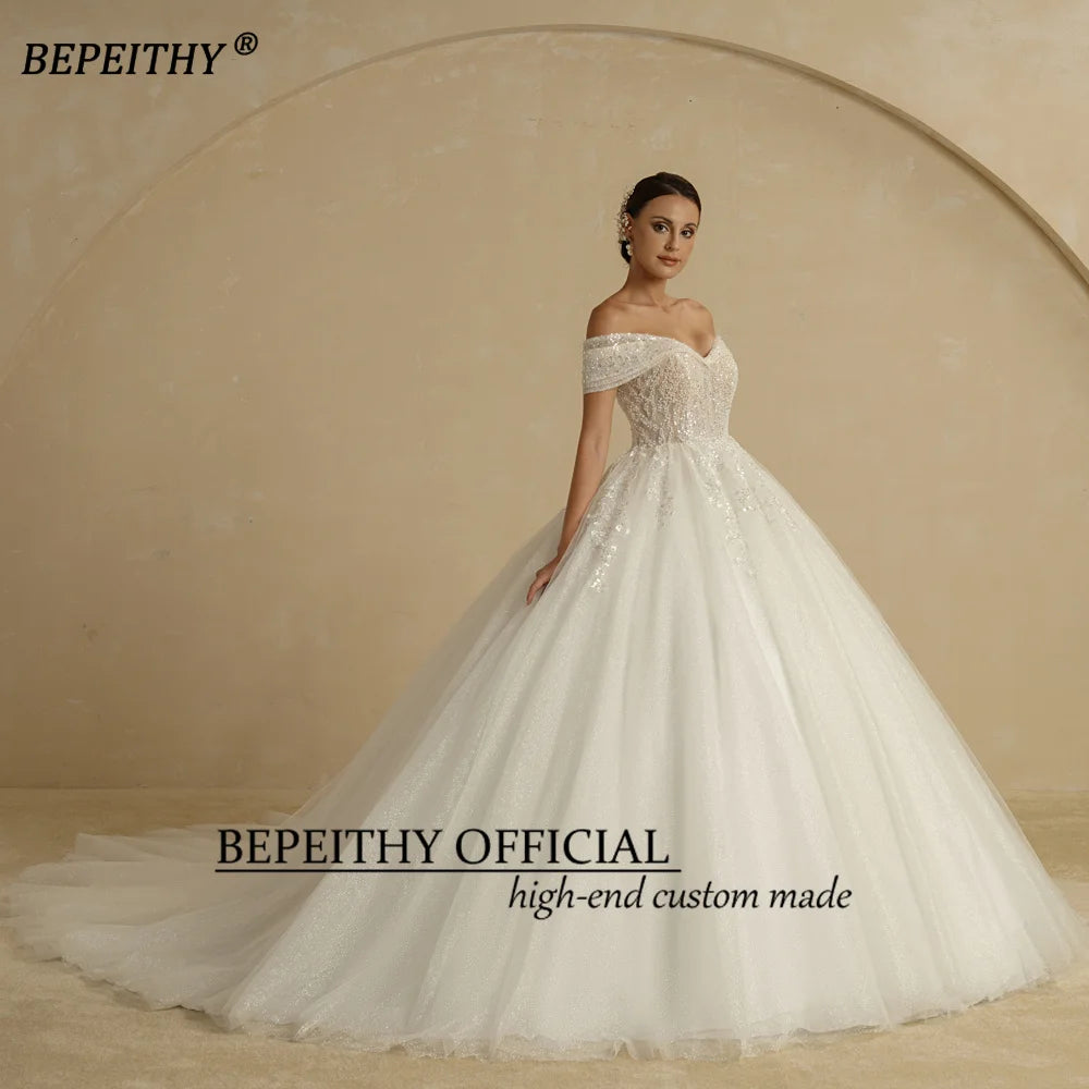 Bepeithy Gading Beading Princess Wedding Dresses For Bride Off The Bahu Lengan Tanpa Lengan Bola Glitter Ball Gown Jubah