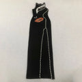 Big Eyes And Red Lips Patterned Diamonds High Slit Black Long Dress Woman Birthday Party Vestido Celebrity Party Outfit