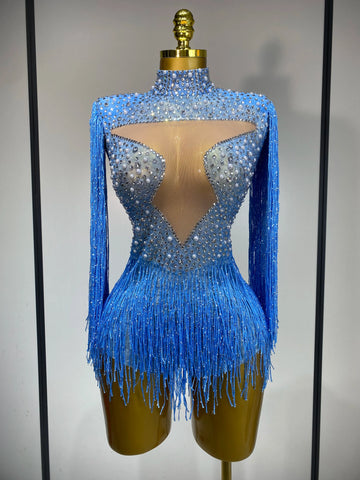 Sparkly Luxury Tassel Bodysuit High Street Strech Transparent Performance Dance Costume Nightclub Celebrate Stage Outfit Blue