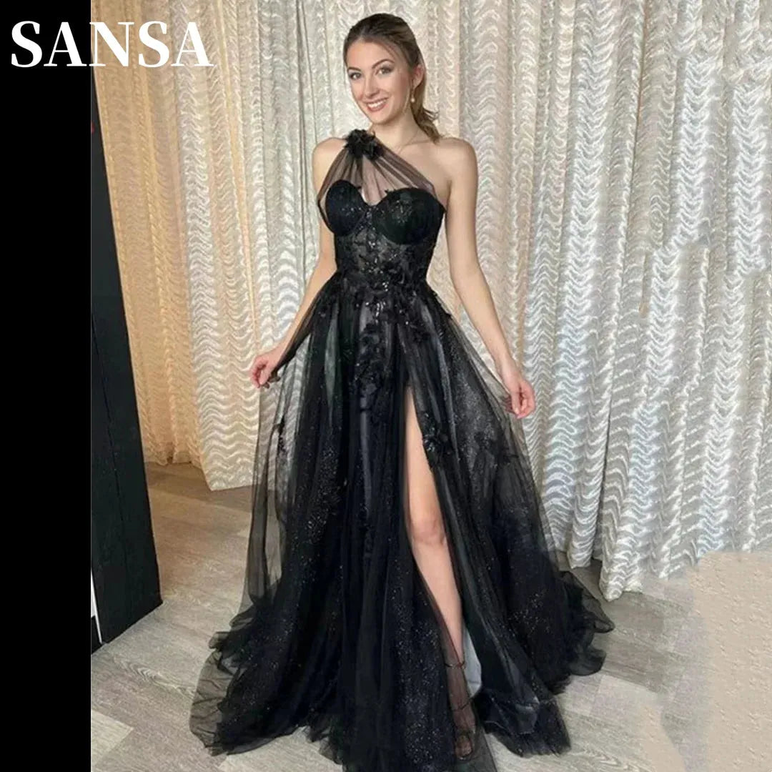 Black One Shoulder A-line فساتين سهره فاخره Lace Embroidery Side Split Tulle فساتين السهرة Sweet Flower Prom Dresses