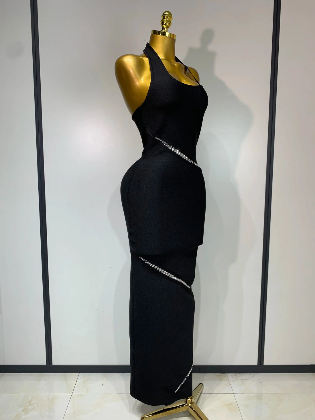 Women Celebrity Sexy Backless Halter Black Crystals Bandage Dress Knitted Elegant Evening Club Party Luxury Birthday Dress black