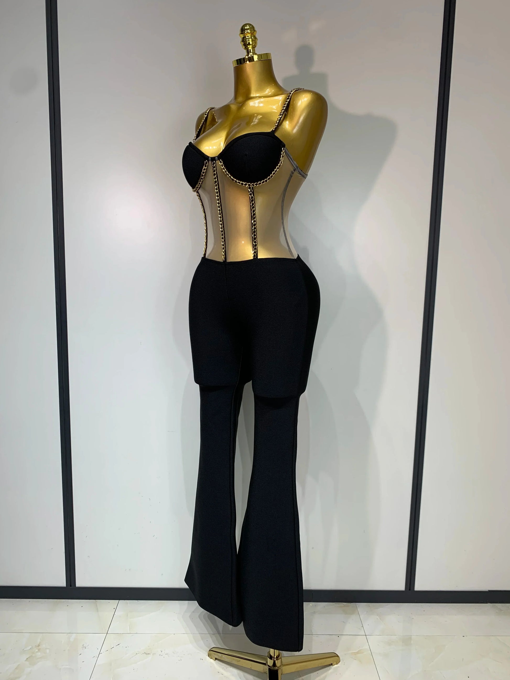 Women Luxury Sexy Sleeveless Mesh Chain Black Bodycon Bandage Jumpsuit Fashion Party Celebrity Designer High Street Rompers