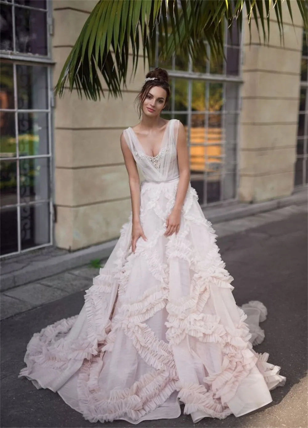 Pink Long Train A-line Prom Dress Tulle Straps Pearls Beaded فساتين السهرة Elegant Sleeveless tidos de noche