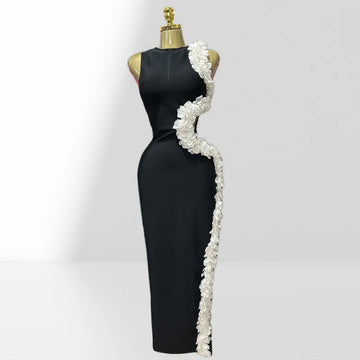 White Petal Edge Hollow Out Sleeveless Sheath Black Bandage Ankle Lengh Dress Woman Party Vestido Celebrity Cocktail Outfit black