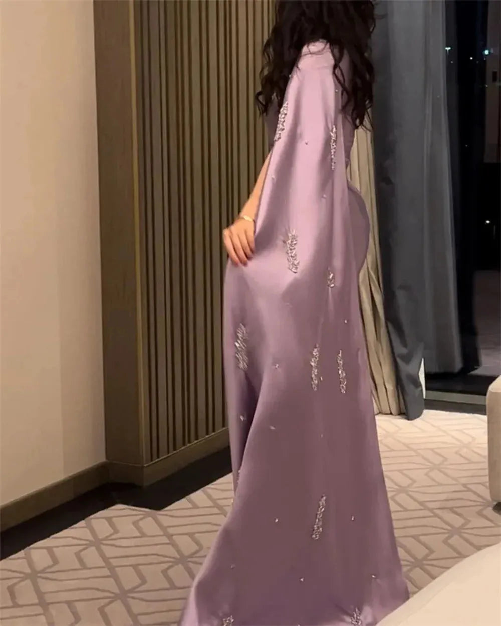 Sexy One Cape Sleeve Mermaid Prom Dress Elegant Sequins Fishtail فساتين السهرة Purple Trumpet Silk Vestidos De Noche PURPLE