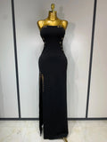 Women Sexy Sleeveless Square Colalr Chain Bodycon Maxi Long Dress Elegant Evening Party Fashion Celebrate Birthday Dress black