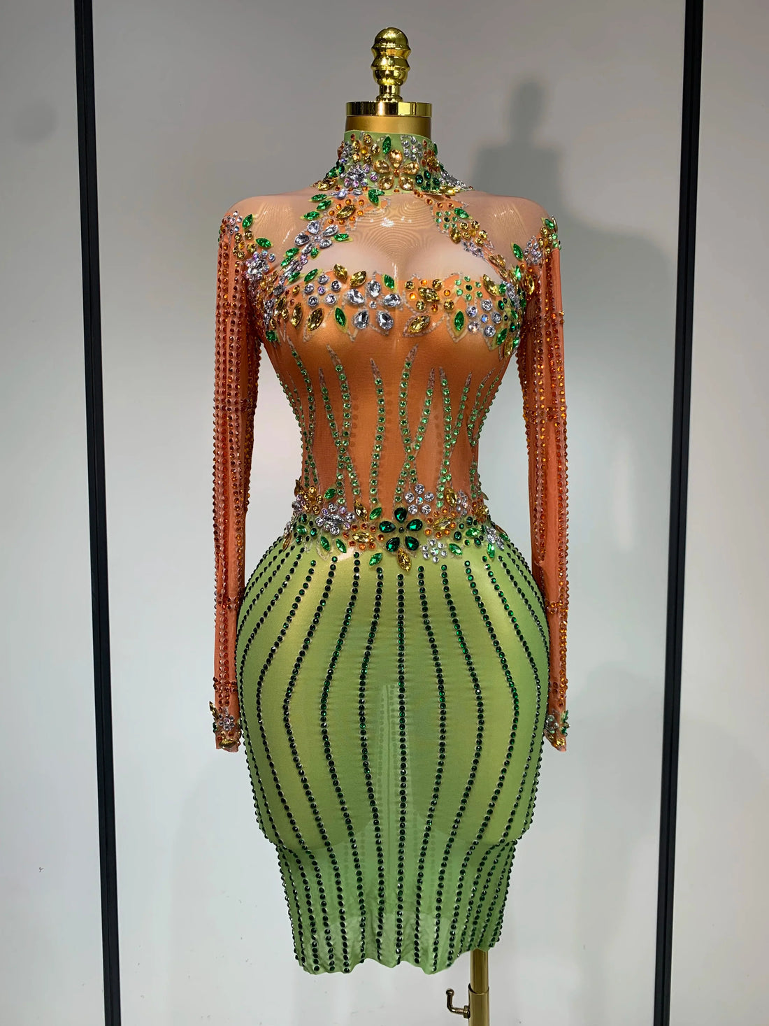 Luxury Birthday Dress Women Sparkly Diamond Short Dress Sexy Mesh See Through Celebrate Evening Party Singer Performance Costume Orange