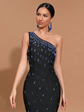 Sexy Women Light Luxury Nail Bead Bandage Dress One Shoulder Slant Neck Sleeveless Bodycon Tail Dress Evening Party Vestido