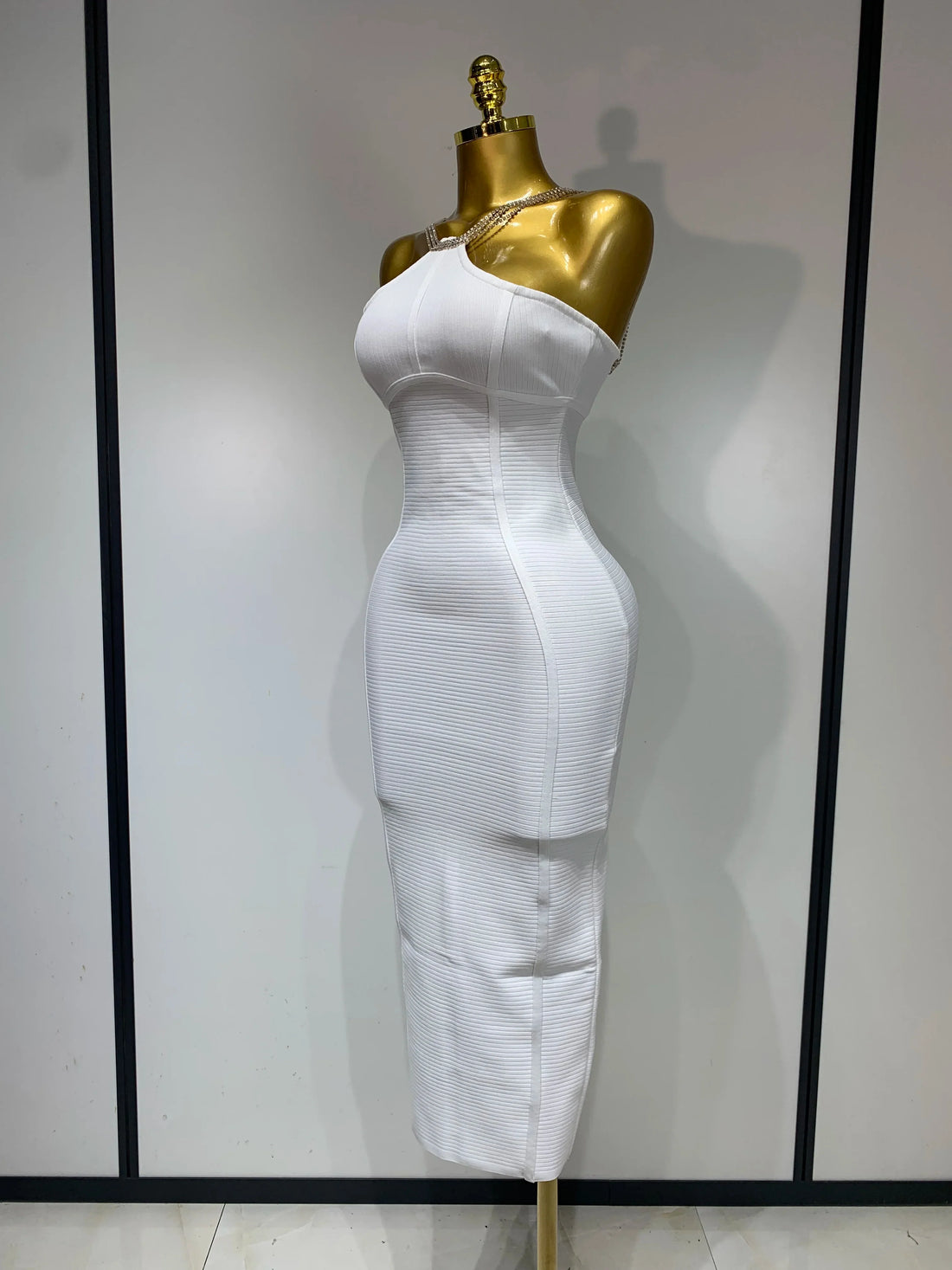 Sexy Sling Backless Crystal Diamonds Chain Bodycon Bandage Dress White Elegant Evening Club Luxury Birthday Party Dresses WHITE