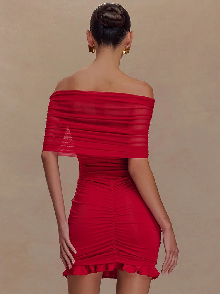 Charming Red Off-Shoulder Dress with Ruched Details for Elegant Dinner Party Evening Gown