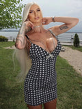 Vintage Houndstooth Dress For Women Sexy V Neck Crystal Chain Spaghetti Straps Bow Tie Bodycon Bandage Mini Dresses
