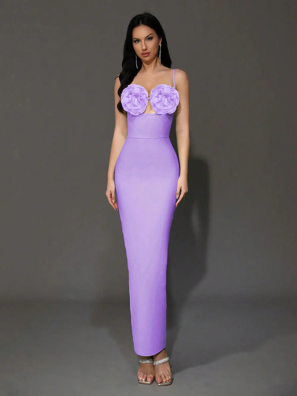 Sexy Women'S Light Luxury Flower Design Bandage Dress Spaghetti Strap Sleeveless Bodycon Backless Long Dresses Vestidos PURPLE