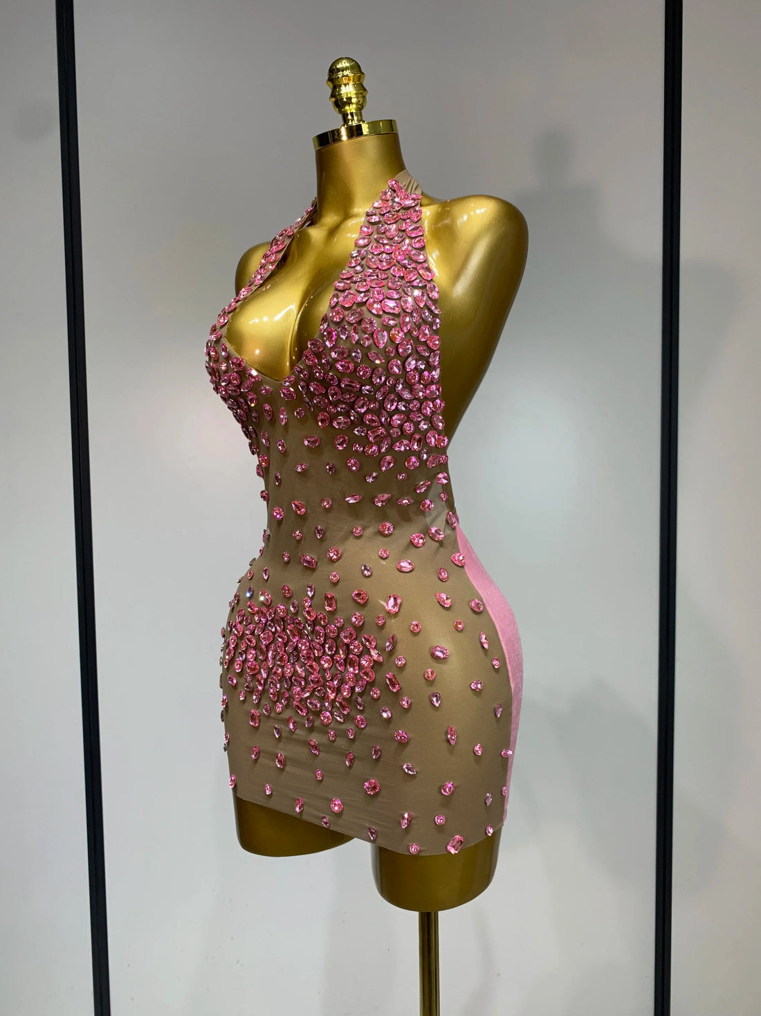 Luxury Rhinestones Backless Mini Dress Women Sexy Mesh Transparent Celebrate Evening Birthday Photo Shoot Perform Stage Outfit Pink