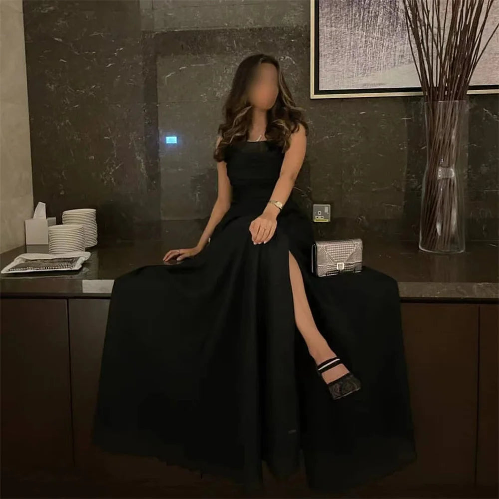 Vestidos De Noche negros sin tirantes, vestido De fiesta con abertura lateral Sexy, vestido De fiesta De gasa De seda sin mangas فساتين السهرة