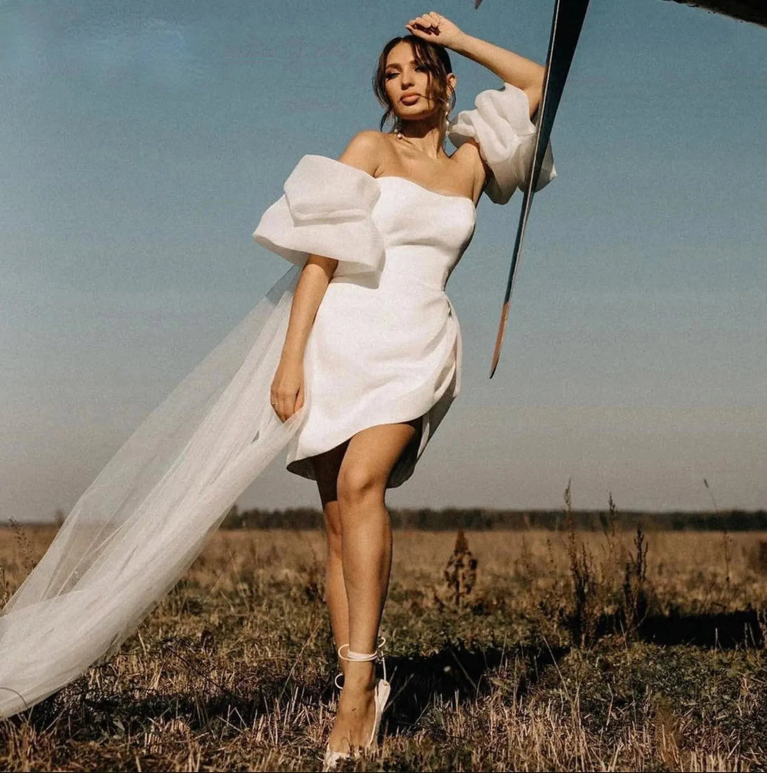 Off-Shoulder Detachable Puff Sleeves Mini Wedding Dress For Women Sheath Lace Up Back Above Knee Short Bridal Gown Ivory 20w