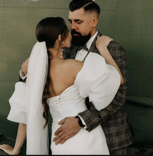 Mini vestido de novia con mangas abullonadas desmontables y hombros descubiertos para mujer vestido de novia corto con encaje en la espalda por encima de la rodilla