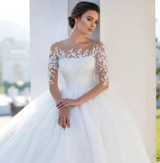 Sexy eleganti abiti da sposa soffici abiti da sposa a collo lungo maniche lunghe vestidos de nolia bellissimi abiti da sposa applique in pizzo