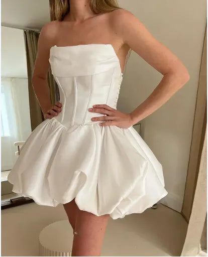 A-Line Short Wedding Party Dresses Strapless Sleeveless Puff Skirt Birdes Gowns for Women Backless Bridals Dress vestido 26W