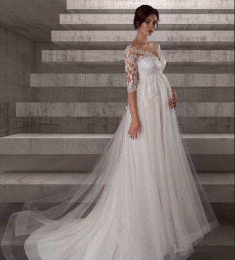 Long Pregnant Wedding Dress Empire Waist Sheer Neck 3/4 Sleeves Lace Applique Tulle A Line Bridal Gown Women Custom made