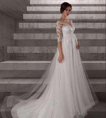 Long Pregnant Wedding Dress Empire Waist Sheer Neck 3/4 Sleeves Lace Applique Tulle A Line Bridal Gown Women Custom made Ivory