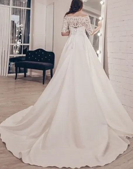 Pregnant Wedding Dress Plus Size Off Shoulder Half Sleeves Satin Lace Pearls Crystal A Line Bridal Gown Women Elegant Bride Ivory