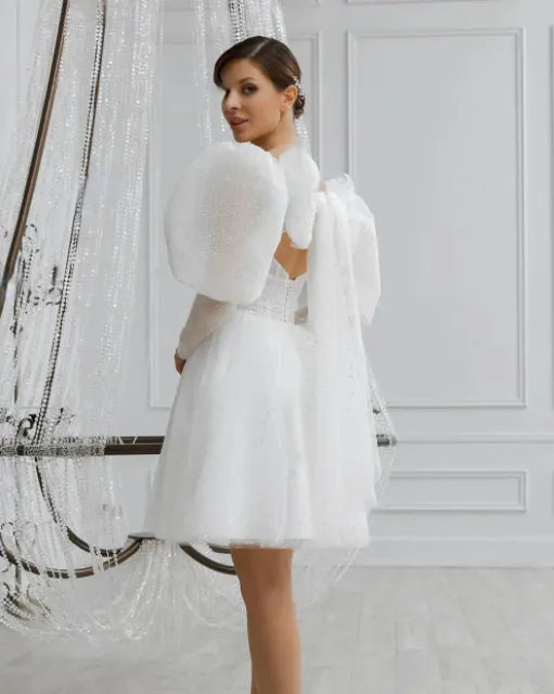 Sexy A Line Short Wedding Dresses Deep V Neck Long Puff Sleeves Bridal Party Gowns Knee Length Bride Dresses for Women White