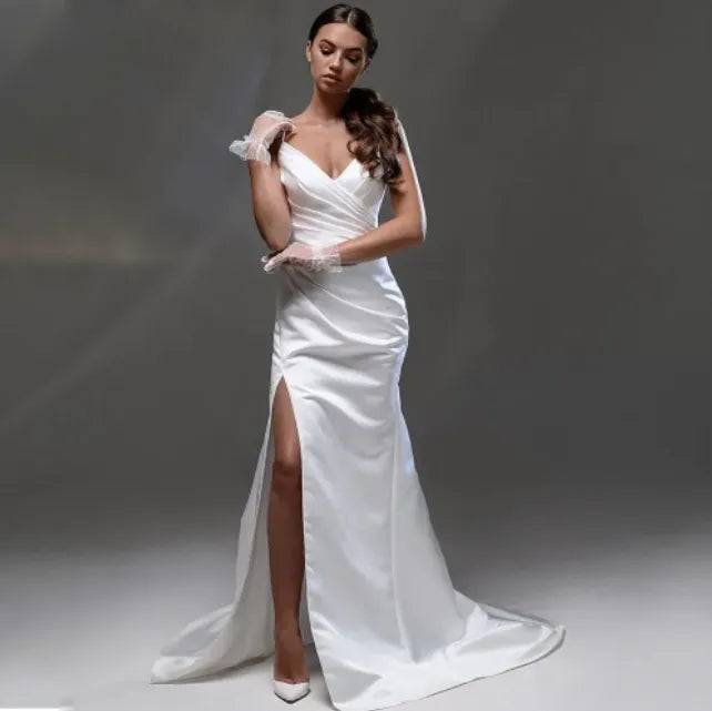 Sexy Mermaid Wedding Dress Spaghetti Straps V Neck Split Lace Up Back Satin Bride Dress Vestidos De Novia Robe De Novia Customiz 14w