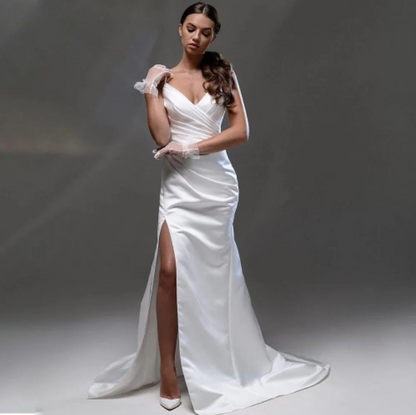 Gaun pengantin putri duyung seksi mengikat spaghetti v neck split renda ke belakang satin pengantin gaun vestidos de novia robe de novia customiz