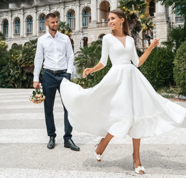 Robe De mariée courte et Simple en mousseline De soie, col en v, sur mesure, longueur aux genoux, manches longues, pour femmes