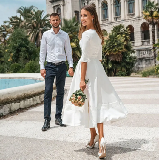 Vestido De novia corto De gasa con cuello en V, bata De novia hecha a medida para mujer, vestidos De novia De manga larga hasta la rodilla