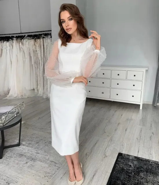 Short Wedding Dress Ankle Length Long Puff Sleeve Mermaid O-Nech Elegant Simple Unique Bridal Gown With Pearls Robe Brilliant White