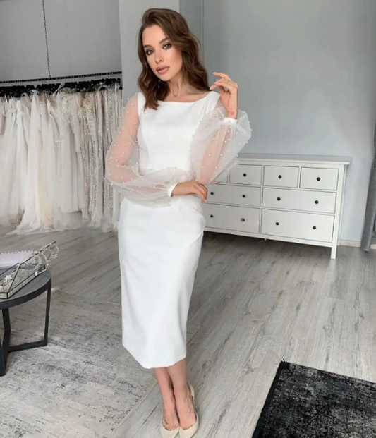 Short Wedding Dress Ankle Length Long Puff Sleeve Mermaid O-Nech Elegant Simple Unique Bridal Gown With Pearls Robe Brilliant