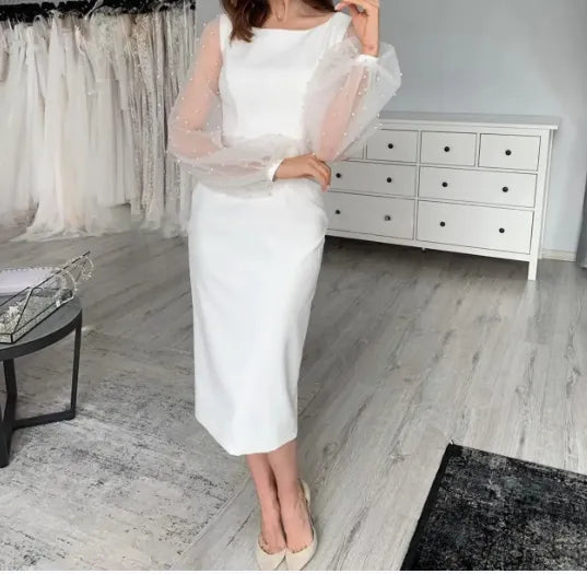 Short Wedding Dress Ankle Length Long Puff Sleeve Mermaid O-Nech Elegant Simple Unique Bridal Gown With Pearls Robe Brilliant White