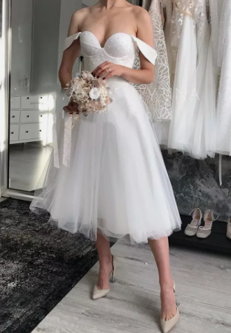 Robe De mariée courte chérie longueur genou blanc Organza Point Net Robe De mariée Robe De mariée Simple plage civile Satin