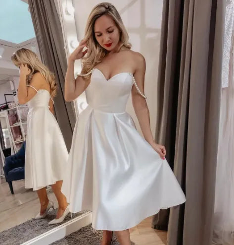 Short Wedding Dress Sweetheart Satin Knee Length Off Shoulder Simple Shiny Bridal Gown For Women Brides Elegant Robe De Mar 24w