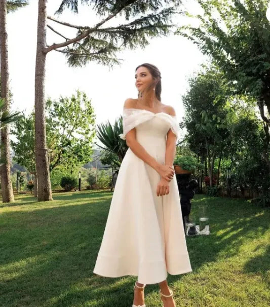 Simple Elegant A-Line Wedding Dresses Off Shoulder Flowers Brides Dress for Women Tea-Length Bridals Evening Gowns WHITE 26W